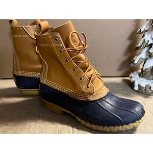 LLBean Rain Snow Boots Tan Navy Leather Waterproof Rubber Lace Up Women 7M USA